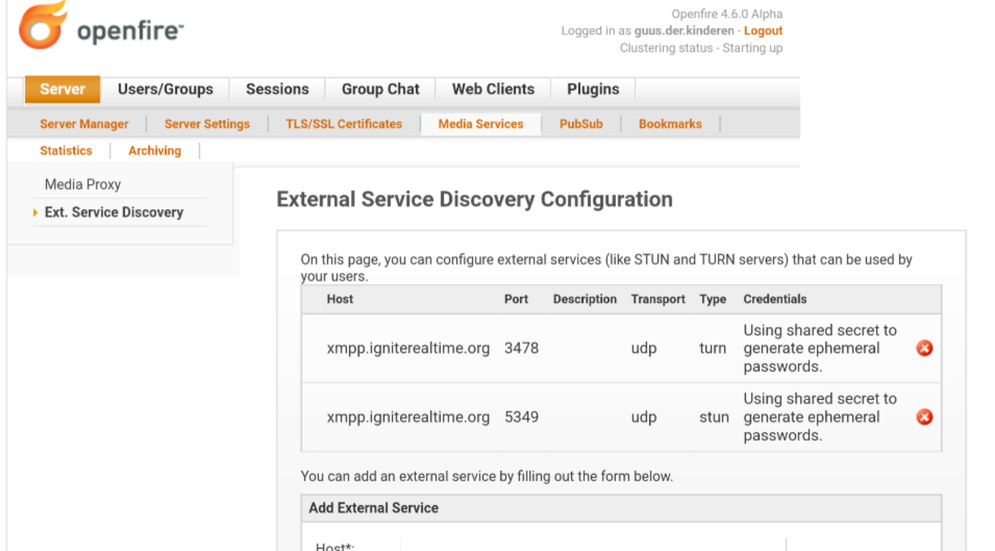 Screenshot of the Openfire admin console, showing External Service Discovery configuration.